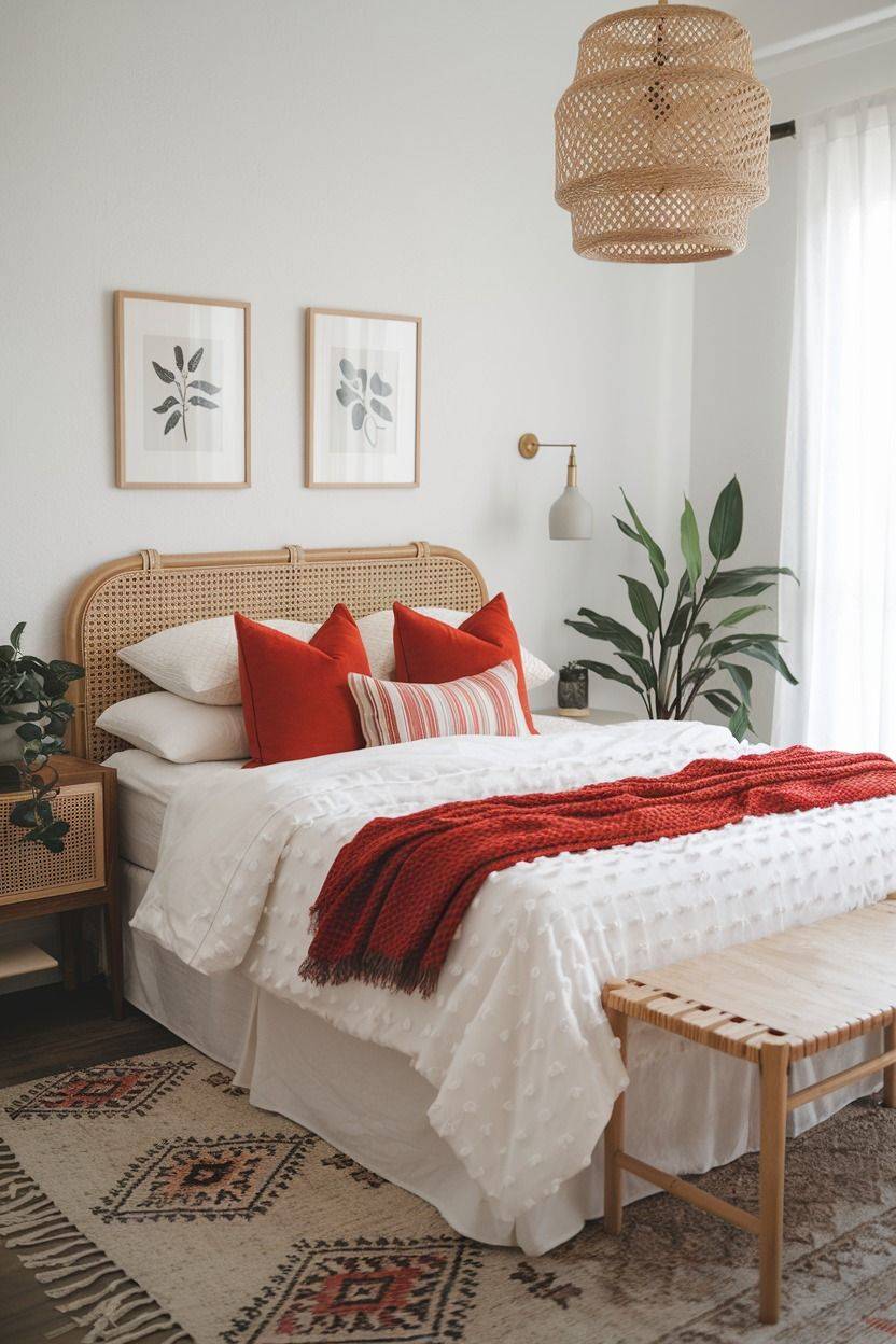 Dormitorio en tonos suaves con detalles en rojo